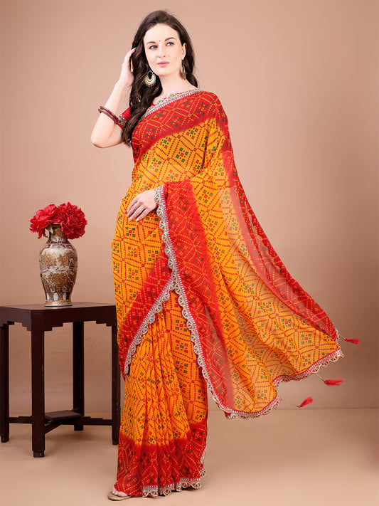 Women's Georgette Bandhani Saree With Unstitched Blouse Piece