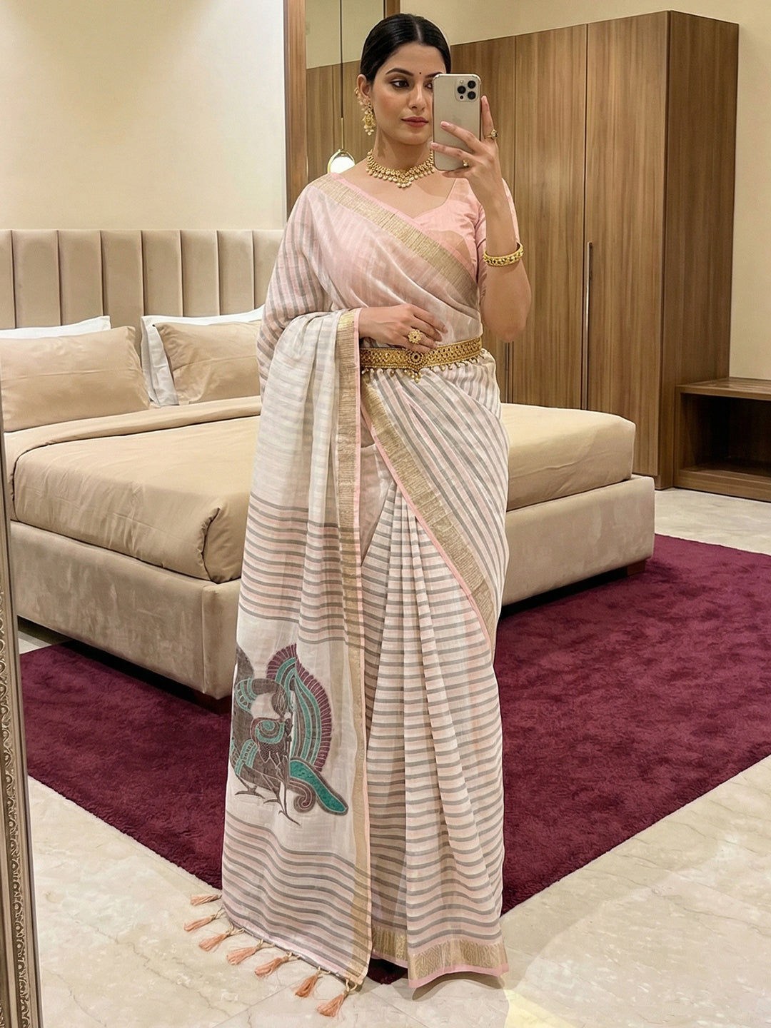 Women's Cotton Linen Saree With Unstitched Blouse Piece