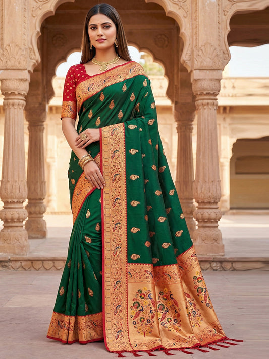 Women's Paithani Silk Saree With Unstitched Blouse Piece