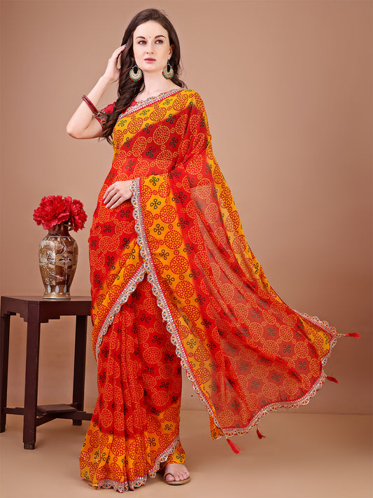 Women's Georgette Bandhani Saree With Unstitched Blouse Piece