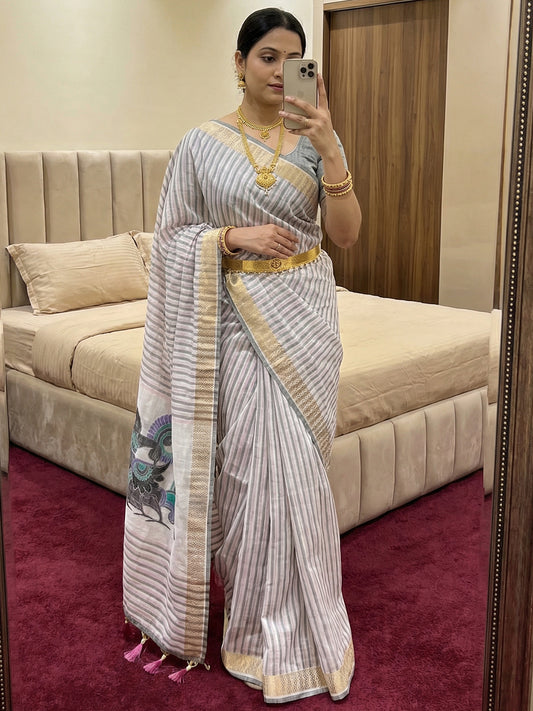 Women's Cotton Linen Saree With Unstitched Blouse Piece