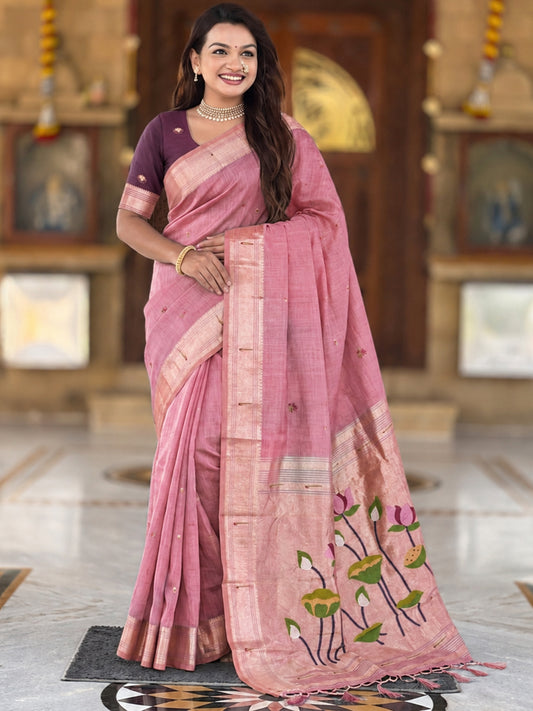 Women's Cotton Paithani Saree With Unstitched Blouse Piece