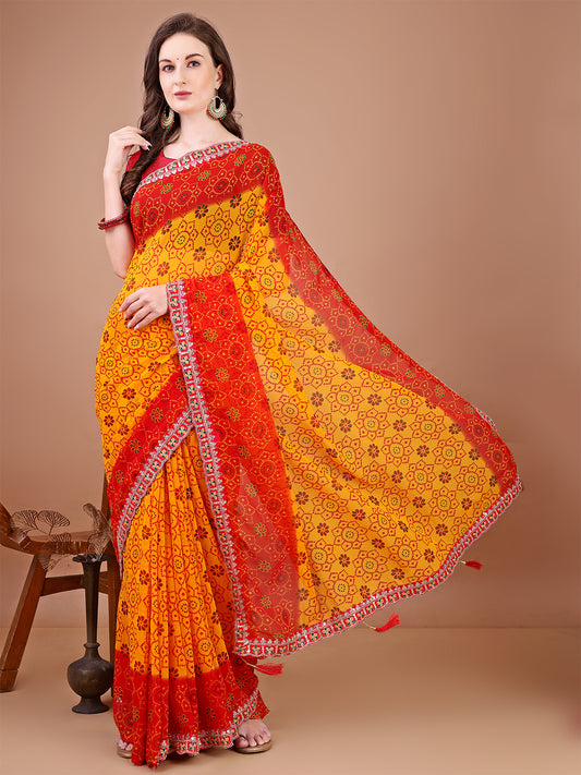 Women's Georgette Bandhani Saree With Unstitched Blouse Piece