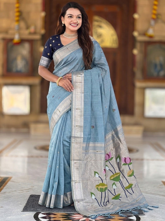 Women's Cotton Paithani Saree With Unstitched Blouse Piece
