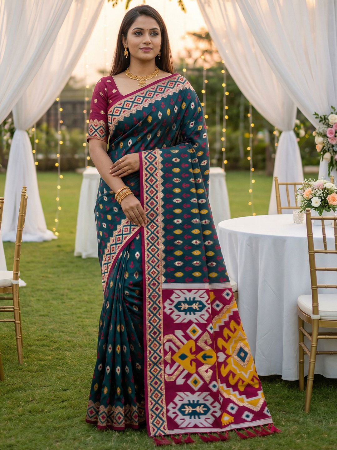 Women's Ikkat Patola Saree With Unstitched Blouse Piece