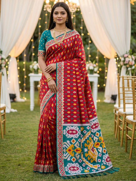 Women's Ikkat Patola Saree With Unstitched Blouse Piece