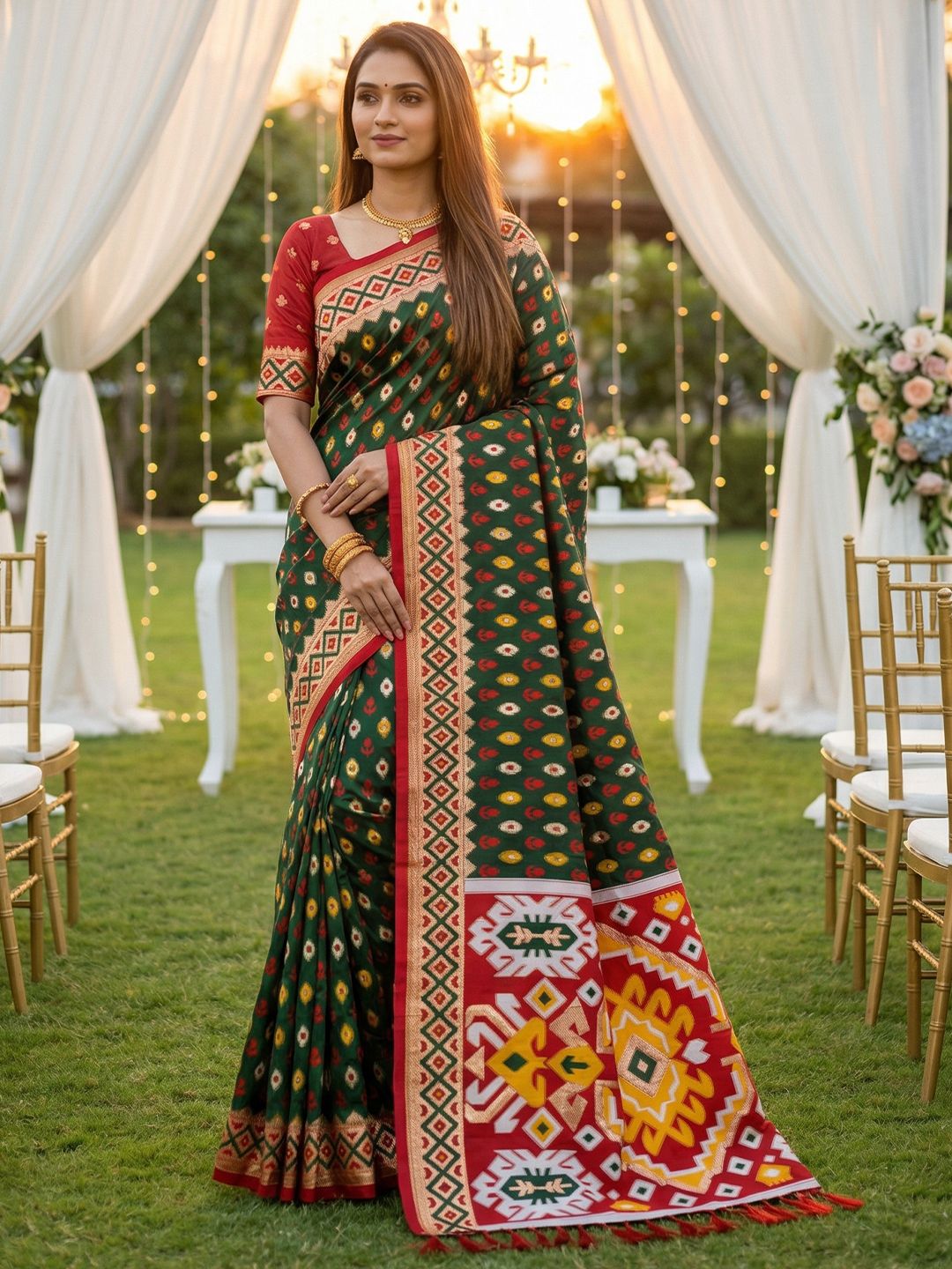 Women's Ikkat Patola Saree With Unstitched Blouse Piece