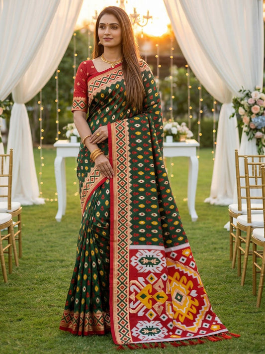 Women's Ikkat Patola Saree With Unstitched Blouse Piece