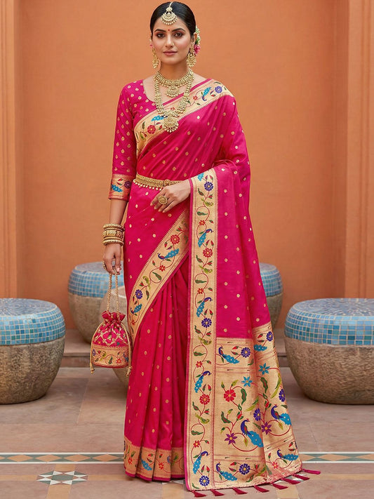 Women's Paithani Silk Saree With Unstitched Blouse Piece