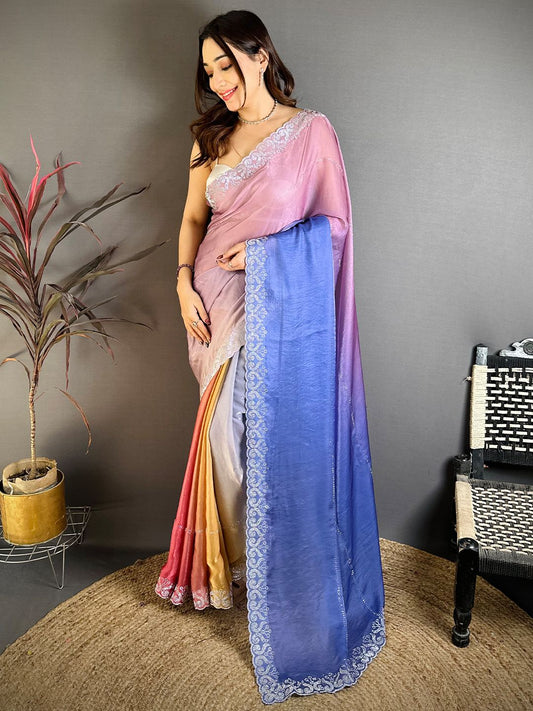 Women's Fendy Satin Party Wear Saree With Unstitched Blouse Piece