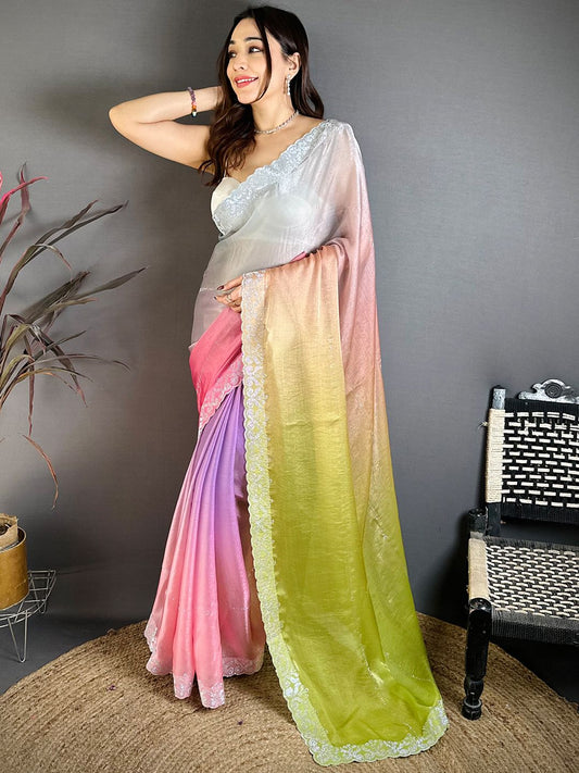 Women's Fendy Satin Party Wear Saree With Unstitched Blouse Piece