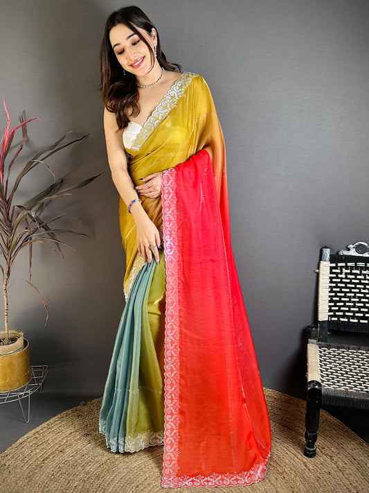 Women's Fendy Satin Party Wear Saree With Unstitched Blouse Piece