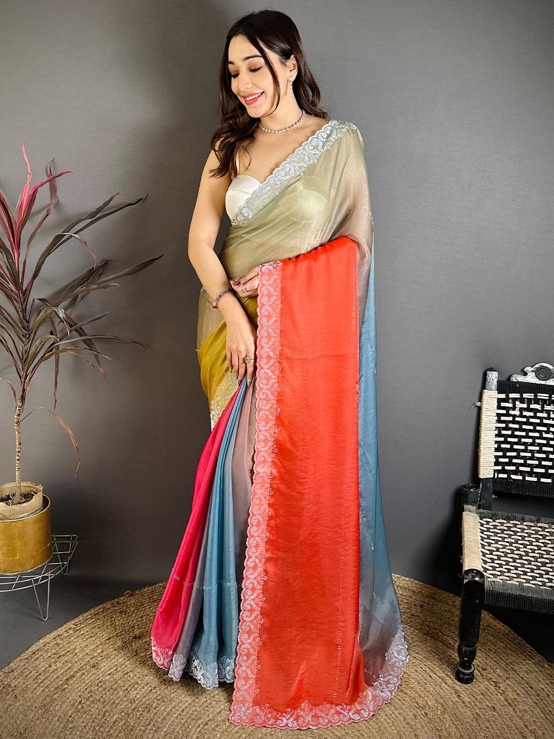 Women's Fendy Satin Party Wear Saree With Unstitched Blouse Piece