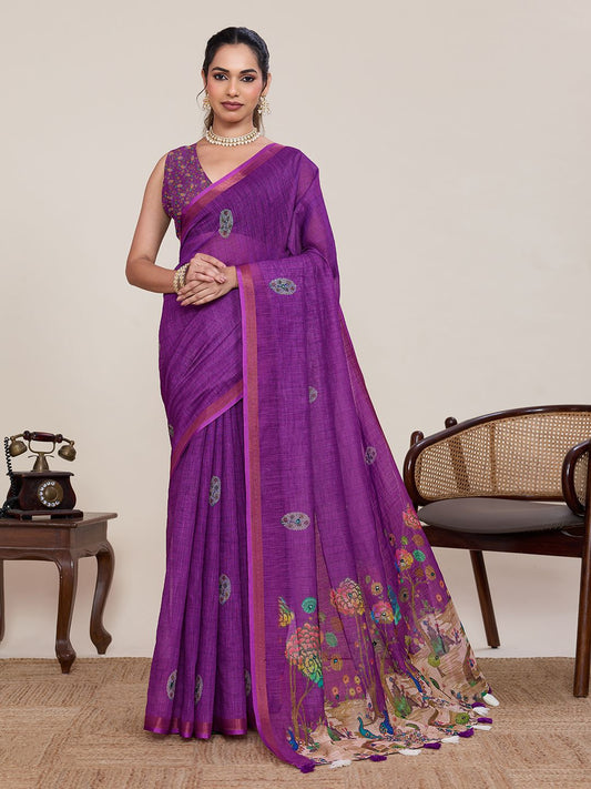 Women's Linen Saree With Unstitched Blouse Piece