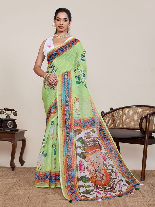 Women's Linen Saree With Unstitched Blouse Piece