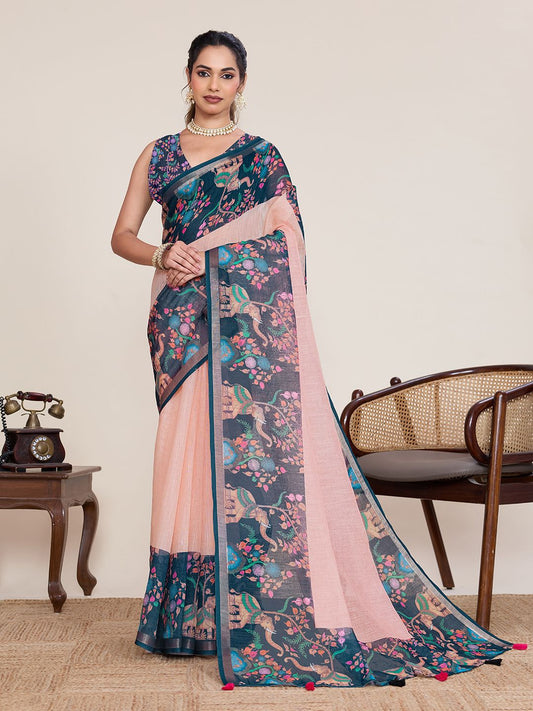 Women's Linen Saree With Unstitched Blouse Piece