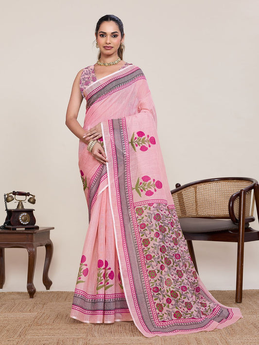 Women's Linen Saree With Unstitched Blouse Piece
