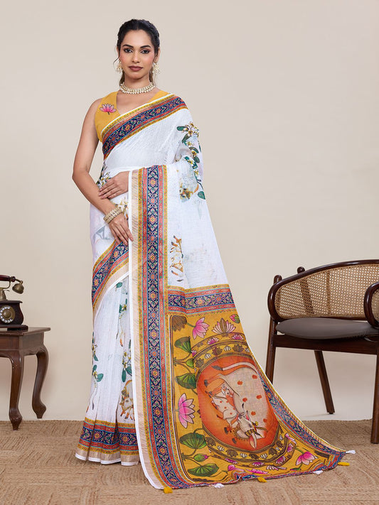 Women's Linen Saree With Unstitched Blouse Piece