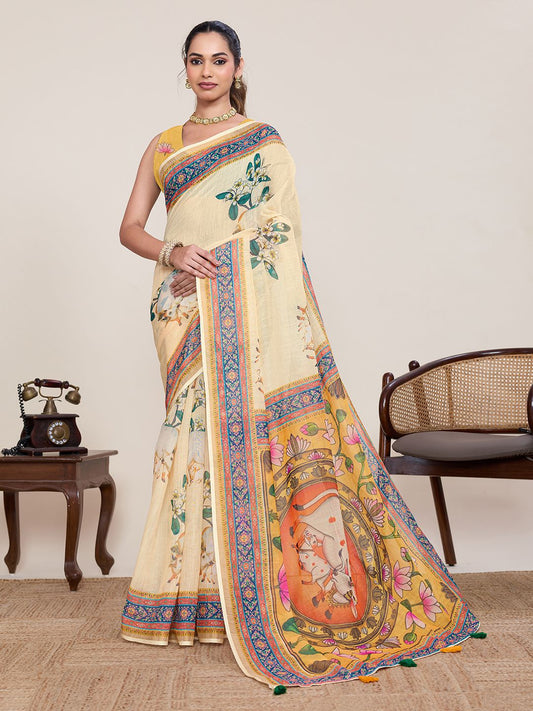 Women's Linen Saree With Unstitched Blouse Piece