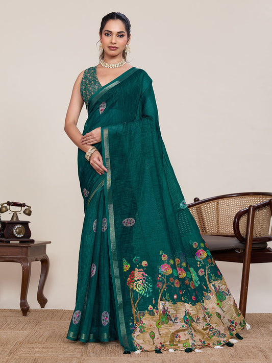 Women's Linen Saree With Unstitched Blouse Piece