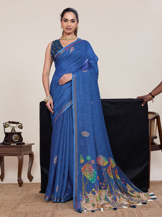 Women's Linen Saree With Unstitched Blouse Piece