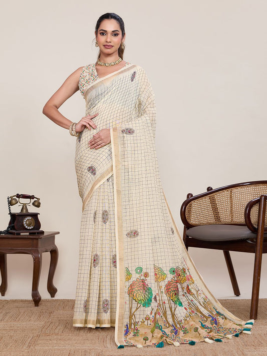 Women's Linen Saree With Unstitched Blouse Piece