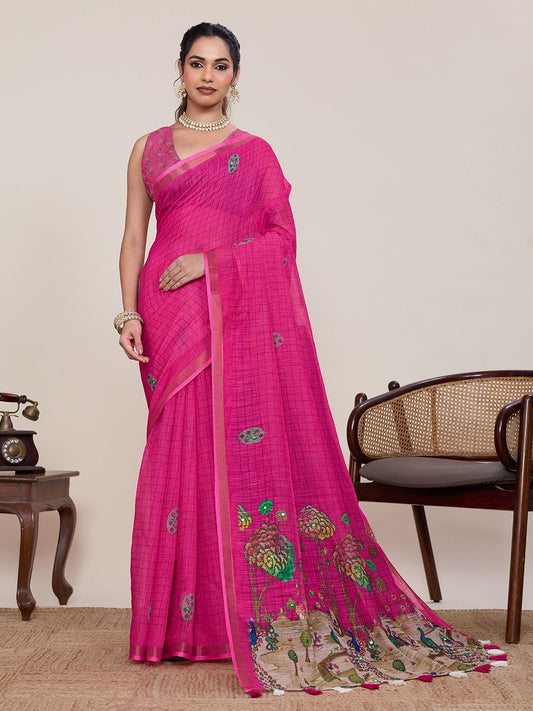 Women's Linen Saree With Unstitched Blouse Piece