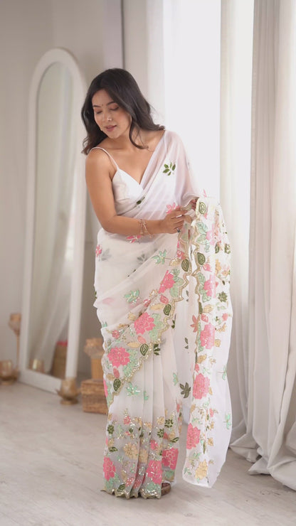 Women's Georgette Sequence Work Saree With Unstitched Blouse Piece