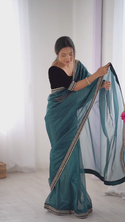 Women's Net Saree With Unstitched Blouse Piece