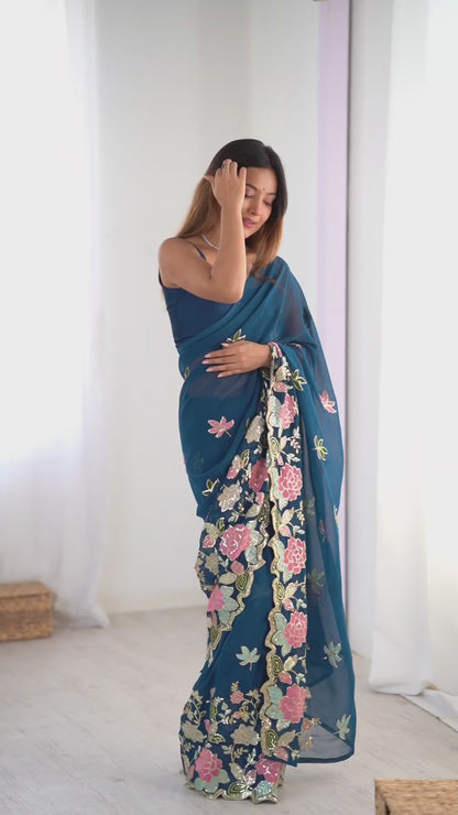 Women's Georgette Sequence Work Saree With Unstitched Blouse Piece