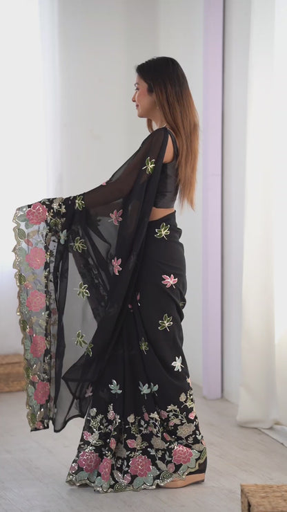 Women's Georgette Sequence Work Saree With Unstitched Blouse Piece