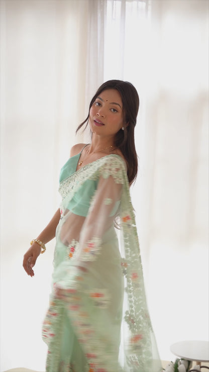 Women's Net Embroidery Work Saree With Unstitched Blouse Piece