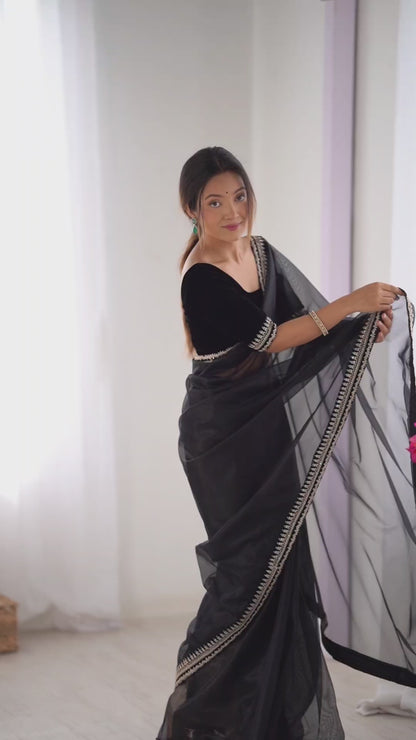 Women's Net Saree With Unstitched Blouse Piece